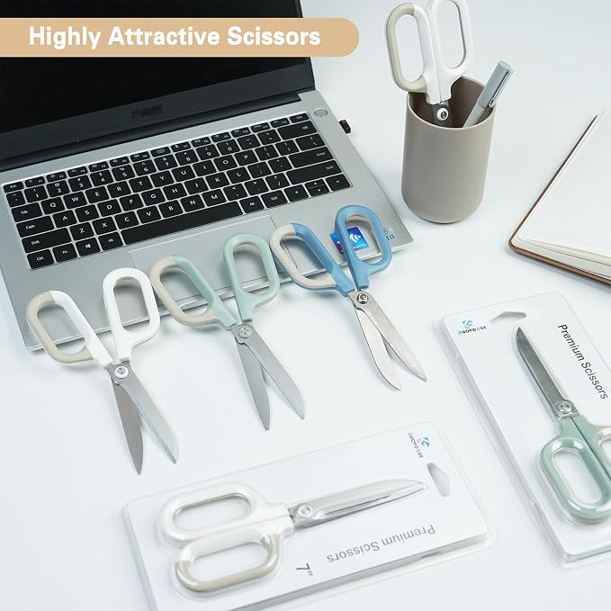 White Office Scissors with Comfort-Grip Handles, Cute scissors, Sharp Craft Scissors for DIY Art, Sewing, Fabric, Student, Teacher, and Home Use(7", White-2Pack)