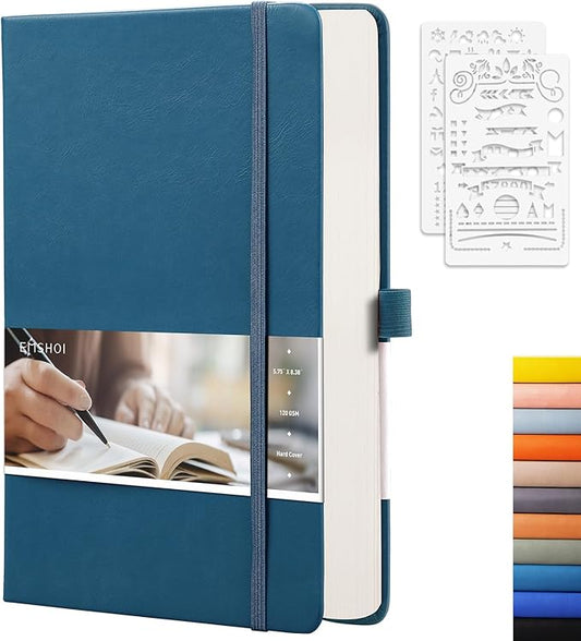 EMSHOI Dotted Journal Notebook, 256 Pages, 120 GSM Thick Paper, A5 Small 5.75"x8.38", PU Leather Hardcover, 5mm Dot Grid Notebook for Journaling, Planning, Drawing, Writing, Light Blue