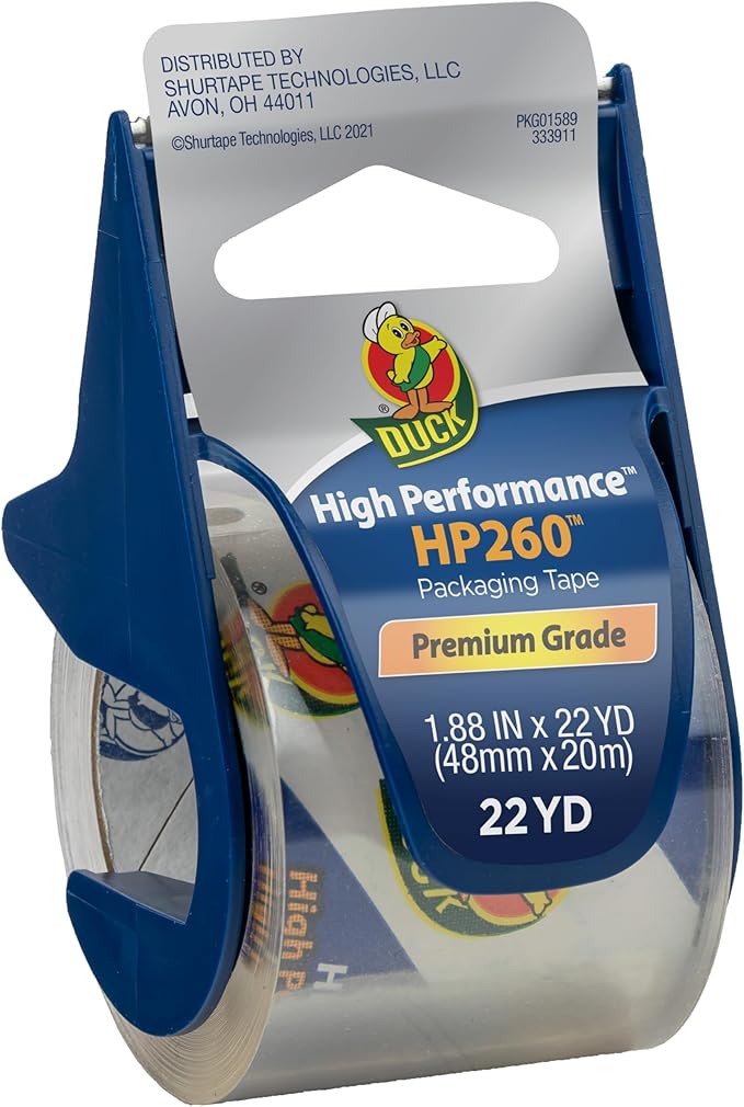 Duck Brand High Performance Packaging Tape with Dispenser - HP260 Strong Packaging Tape Gun for Shipping, Moving, Mailing & Boxes - 1.88 Inches x 22.2 Yards - 1.5" Core - Clear (920352)
