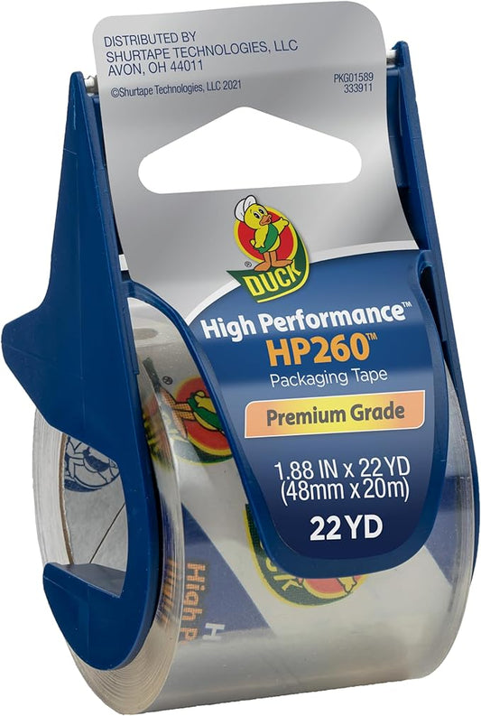 Duck Brand High Performance Packaging Tape with Dispenser - HP260 Strong Packaging Tape Gun for Shipping, Moving, Mailing & Boxes - 1.88 Inches x 22.2 Yards - 1.5" Core - Clear (920352)