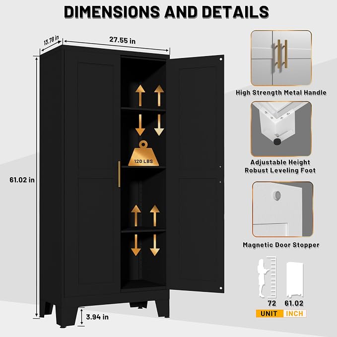 PAOFIN Metal Kitchen Pantry Storage Cabinet | 61" Freestanding Cupboard with 3 Adjustable Shelves for Kitchen, Living Room and Dining Room (Black)