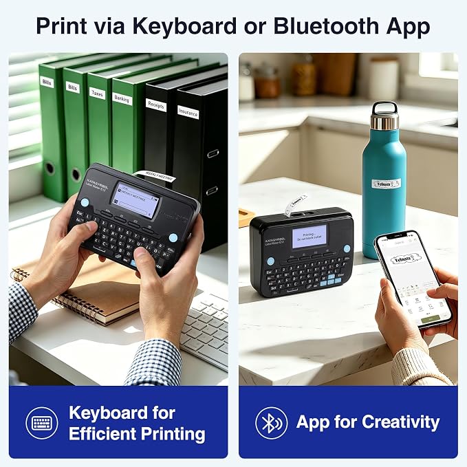 SUPVAN E12 Keyboard & Bluetooth Label Maker Machine, Black | Rechargeable, LCD Backlit Display, App with 30+ Fonts & 660+ Icons, Minimal Margin, Inkless, for School, Office, Home