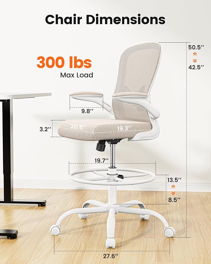 ErGear Drafting Chair,Tall Office Chair with Flip-Up Armrests, High Desk Chair Adjustable Height and Adjustable Footrest Ring, Ergonomic Standing Desk Chair with Lumbar Support, Khaki,3 Pack