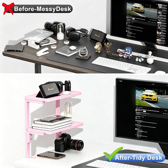 Spacrea Clamp on Desk Shelf, 2 Tier Office Desk Shelves Organizer, Wood Desktop Supplies Storage Rack, Desk Organizers and Accessories (Pink)