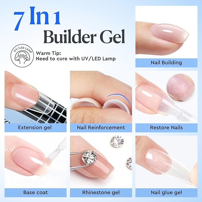 AZUREBEAUTY Clear Builder Nail Gel, 18ml 7-in-1 Nail Builder Gel for Extension, Strengthening, Apex Building & Rhinestone Glue, LED UV Cured Rubber Base Gel for Salon Home DIY