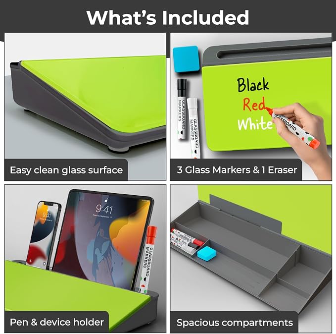Chalkola Neon Green Glass Desktop Whiteboard with Storage - Dry Erase Board | Work Desk Organizers, Computer Keyboard Stand, Home Office Desk Accessories, Workspace Desk Board Buddy + 3 Markers