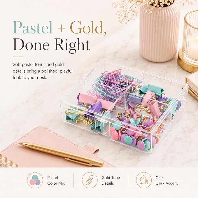 Paper Clips and Binder Clips Push Pin Set, Assorted Size Clip | 165-Piece Decorative Paper Clip Set, Cute Desk Accessories for School, Home, Office, Desk, Documents, Pastel Color