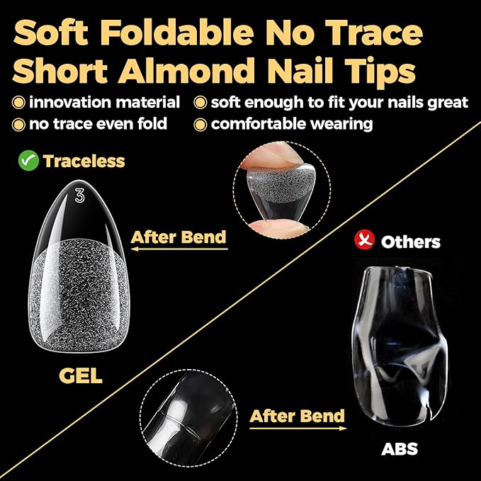 UNA GELLA Almond Nail Tips, Pre-shape Short Almond Gel Nail Tips 240Pcs Full Cover Soft Gel Fake Nails No C Curve Press On Nails For Women Girl At Home DIY Salon with Box 12 Sizes