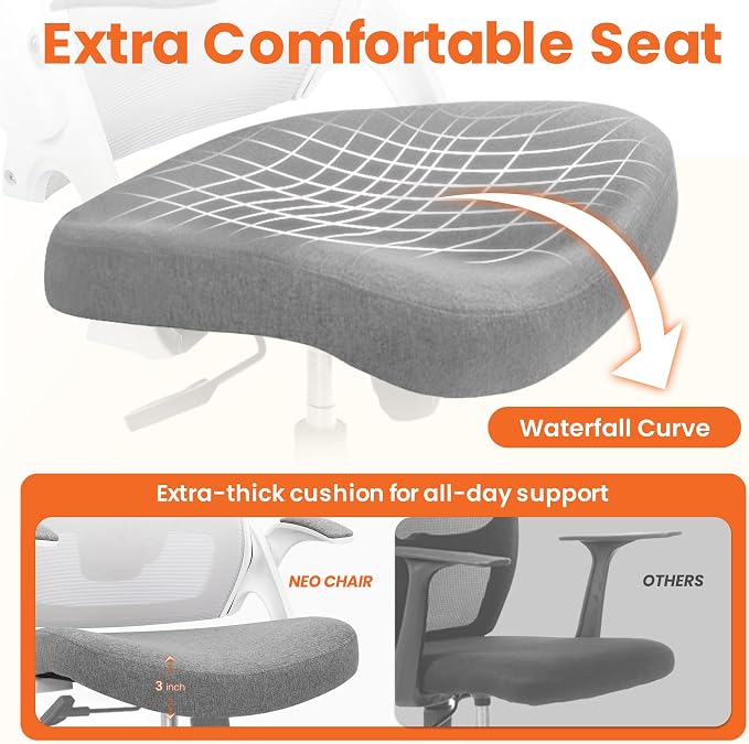 NEO CHAIR Office Desk Chair with Ergonomic High Back Mesh Headrest, Grey | Adjustable Headrest and Lumbar Support with Flip-Up Armrests Designed for Extended Sitting Comfort While Saving Space