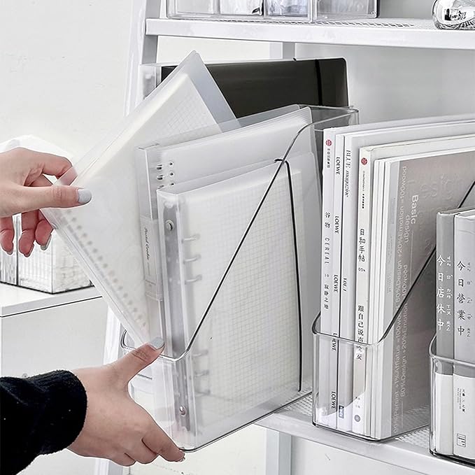4-Pack Acrylic Vertical Magazine Holder & Book Organizer Clear Desktop File Storage Rack for Office/Home, Includes 6 Silicone Bookmarks (Space-Saving Design)