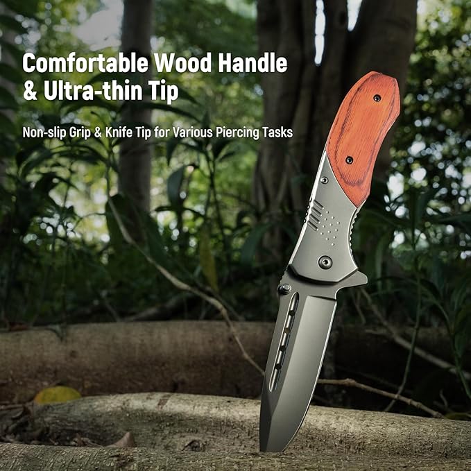 Pocket Knife for Men - Sharp Blade Wood Handle Pocket Folding Knives with Clip, Glass Breaker - EDC Knives for Survival Camping Fishing Hiking Women, Large, Grey