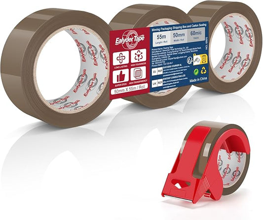 Brown Packing Tape 2 inch x 60 Yards, 3 Rolls with Dispenser – Heavy Duty Parcel Sealing Tape for Shipping, Moving and Storage, Total 180 Yards