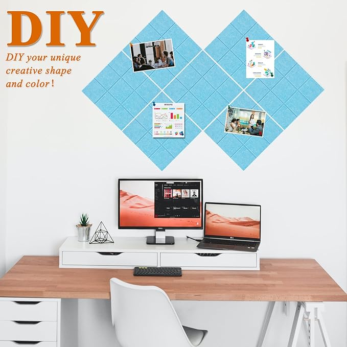 Large Square Felt Cork Board Tiles, Self Adhesive DIY Felt Bulletin Board Pin Board with 35 Pushpins for Office School Home Wall Decor Stickers Memos Photos Display (Sky Blue)