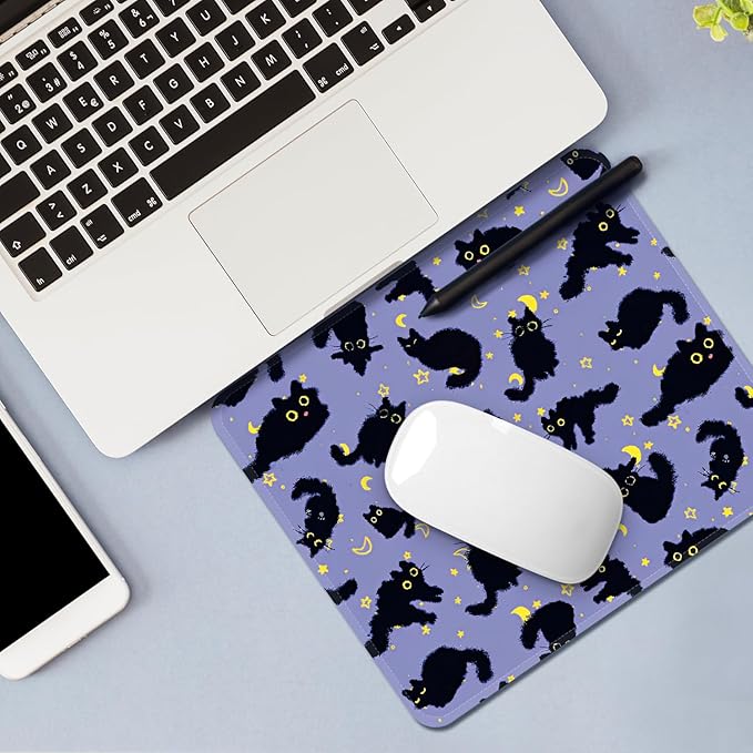 Mouse Pad with Stitched Edges - Cat Night Sky Mousepad for Women, 9.25 x 7.75 inch Washable Square Desk Pad, Non-Slip Rubber Base, Office Home Laptop Accessories - Moonlight Cats