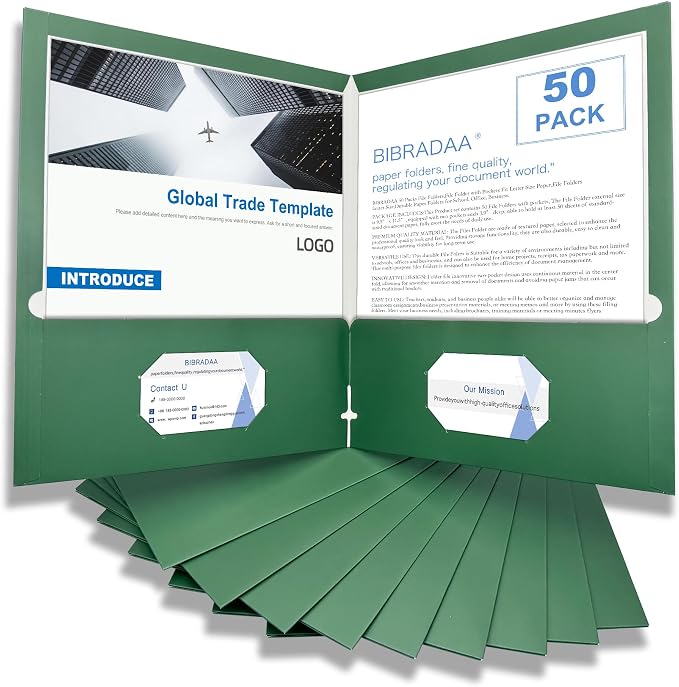BIBRADAA® 50 Packs Dark Green Pocket Folders,Paper Folder Surface with Waterproofing,Letter Size,Holds 100 Plus Sheets,for School,Office,Business. (50, Dark Green)