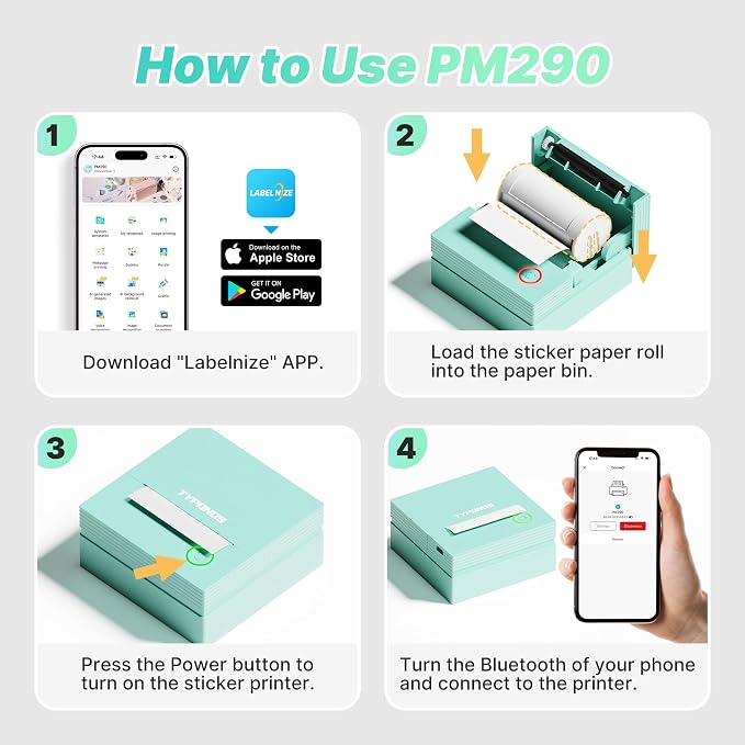 Mini Sticker Printer, PM290 Sticker Maker Machine with 3 Roll Paper | Good Quality, Portable, Smart AI APP, Mini Printer for Study, Gifts for Girls Boys, Back to School Supplies for Teachers