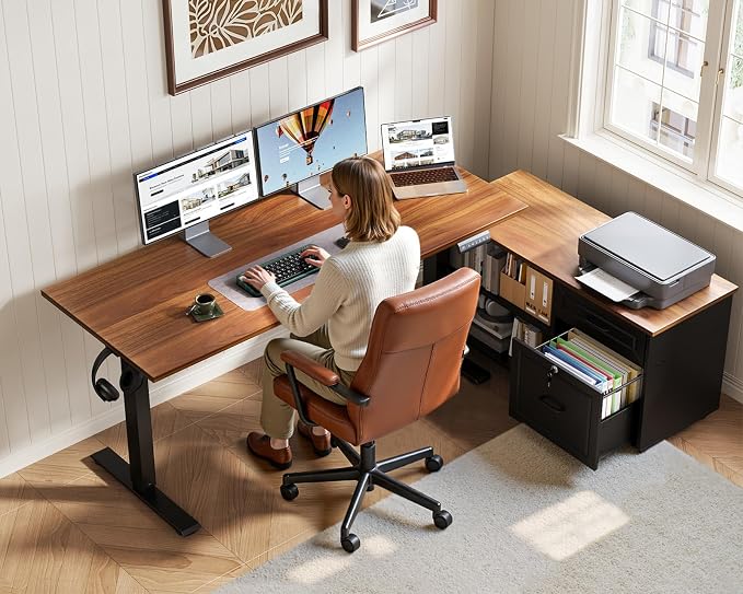 48" L Shaped Electric Standing Desk with Cabinet Sets, Walnut/Black | Mobile Drawers & File Cabinet Sets for Flexible Layout, Height Adjustable Executive Stand Up Desk for Home Office Workstation