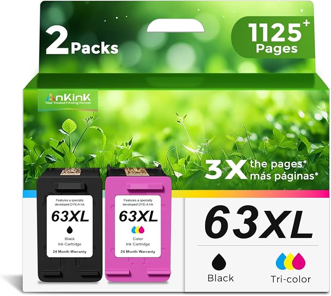 Ankink 63XL Ink Cartridges Replacement for HP 63 XL Black Color Combo Pack | Fit for HP63 3830 4650 4652 4655 5200 5252 5255 5258 4520 4512 1112 2132 3630 3632 3631 2130 4510 4654 Printers BK Tricolor