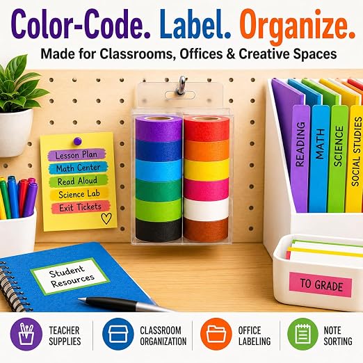 Colored Masking Tape 1 Inch, 12 Rolls, 12 Colors, 264 Total Yards | 12 colored tape rolls, 22 yd each, writable, easy to tear and remove, with a clear storage box for labeling and crafts