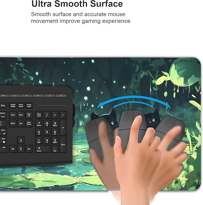 Cute Anime Black Cat Gaming Mouse Pad, Forest Green Anime Desk Mat with Anti-Slip Base & Stitched Edges,35.4" x 15.7" in Desk Accessories for Women, Home Office Decor & Artistic Gift