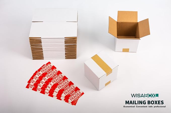 6x6x6 inch Shipping Box for Coffee Mug, Candle, Craft, 15 Pack | White 6 x 6 Small Cardboard Box for Business Mailing, Packing, Moving, Storage, with Fragile Stickers