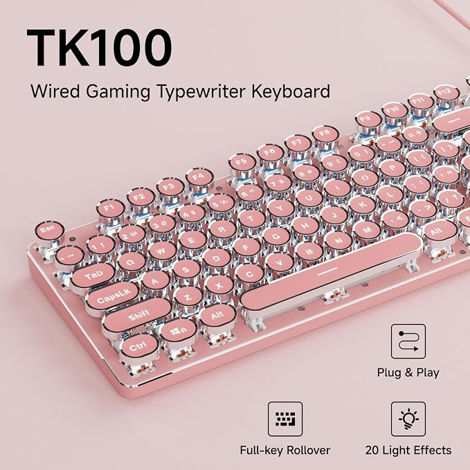 Wired Typewriter Style Mechanical Keyboard with White Backlit, Cute-Pink | Retro Punk Round Keycaps, Metal Panel, Clicky Blue Switch, 104 Keys Full Size Desk Setup for Windows PC, Mac, Desktop, Laptop