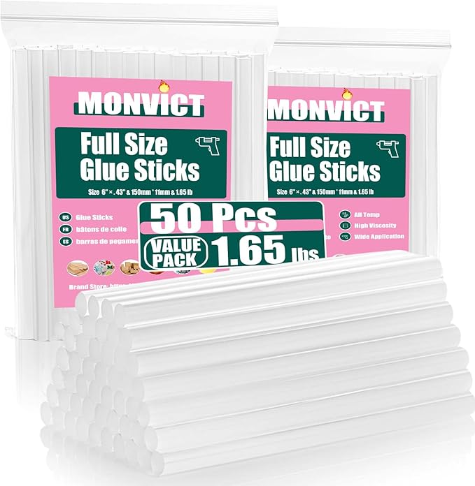 MONVICT Hot Glue Sticks, Pack of 50 (1.65lbs) 6"Long 0.43" Diameter Full-Size Hot Glue Gun Sticks Art Glues Pastes Hot Melt Sticks for Most Large Glue Guns, Clear Glue Sticks for DIY, Arts & Crafts