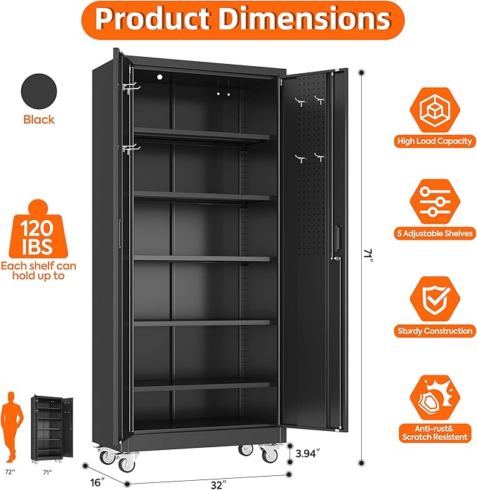 71" Metal Storage Cabinet with Wheels, Pegboard, Lock, 5 Shelves (Pack of 2)