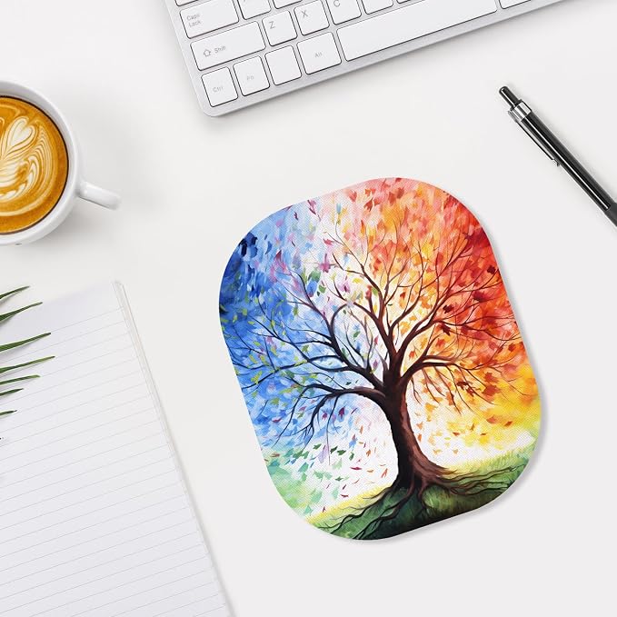 Small Mouse Pad, 6 x 7 Inch, Oval Mini Mouse Pad with Non-Slip Rubber Base for Laptop Wireless Mouse Keyboard Tray Mousepad, Colorful Trees
