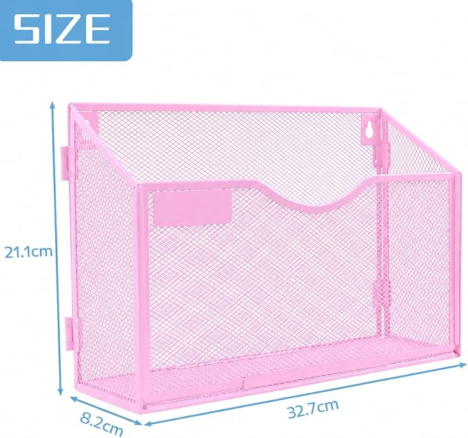 1 Pocket Mesh Wall File Holder Organizer Office Hanging File Folder Magazine Rack, Nametag Label Hooks Set Included (Pink)
