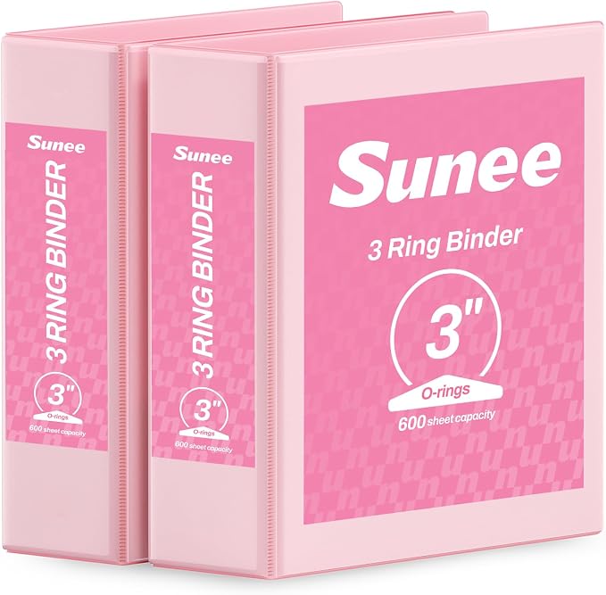 SUNEE 3 Ring Binder 3 Inch 2 Pack, Clear View Binder Three Ring PVC-Free (Fit 8.5x11 Inches) for School or Office Supplies, Pink