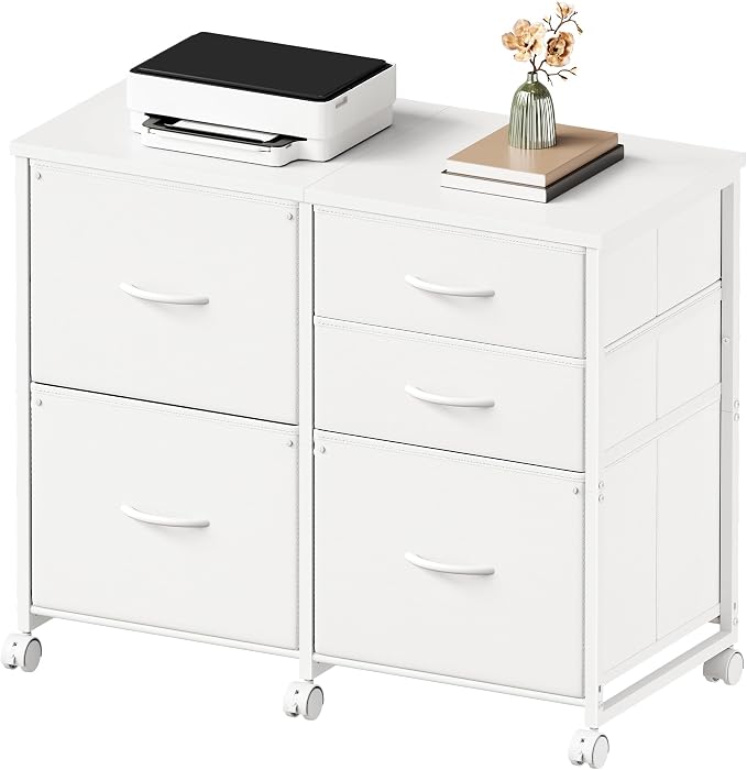 YeTom Lateral File Cabinet with 5 Drawers Rolling Filing Cabinets Under Desk Storage Printer Stand with Wheels,Mobile File Cabinet for Home Office,White