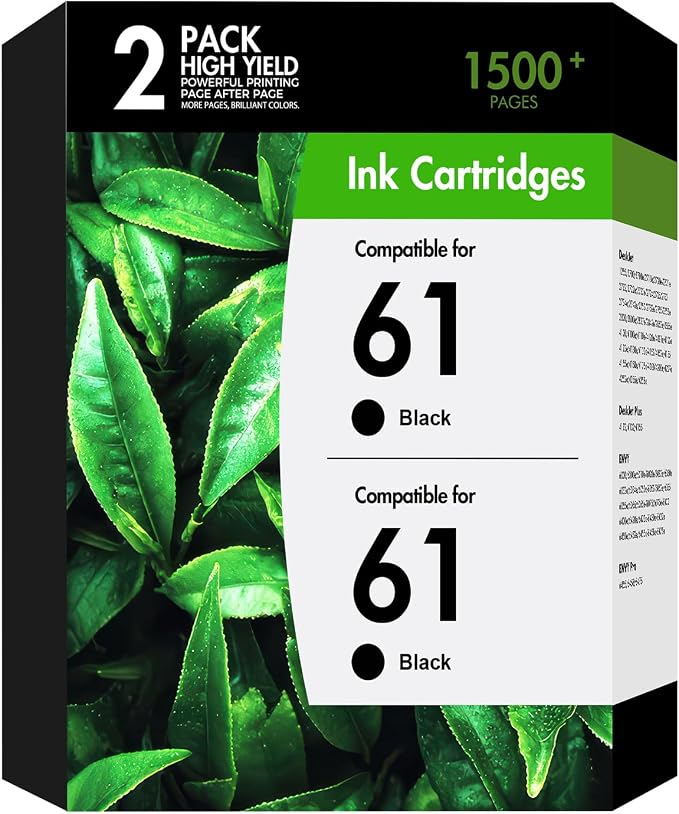 61 61XL Ink Cartridges for HP Printers Compatible for HP61XL 2-Pack Black | Compatible for HP61 Black Ink Cartridges Work for HP Officejet 4630 4635 Envy 4500 5530 4502 4501 Deskjet 1000 1010 Black