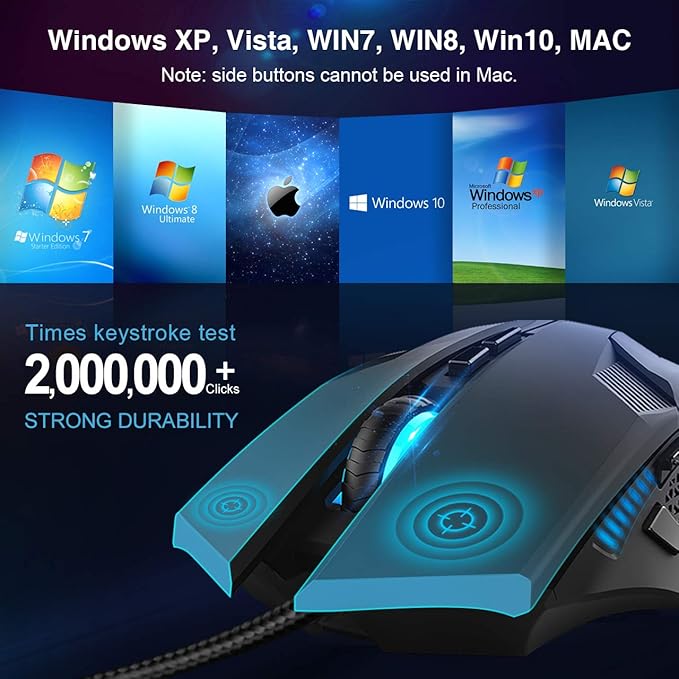 TECKNET Wired Gaming Mouse - 8000 DPI with 6 Adjustable Levels,6 Programmable Buttons & 6 Chroma RGB Backlit,Ergonomic Mice for PC/Mac/Laptop - Blue