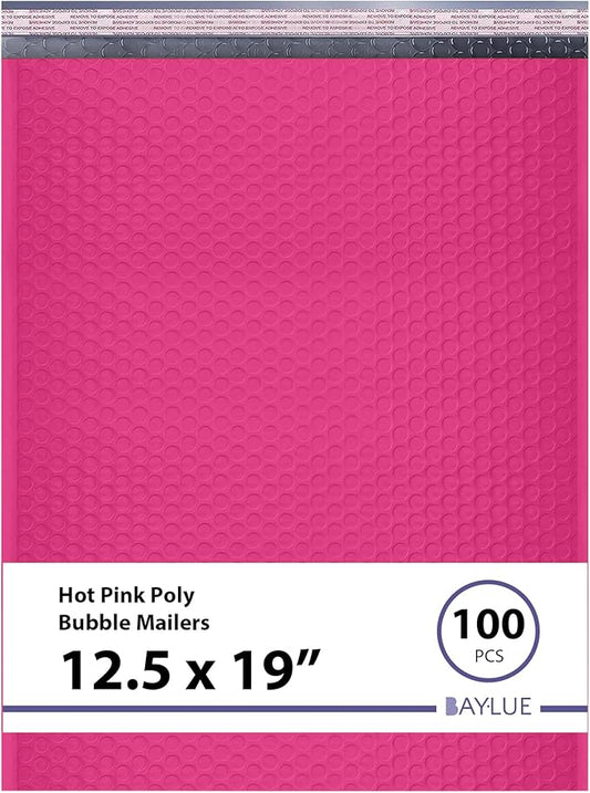 Hot Pink12.5x19.5 Inch Large Poly Bubble Mailers #6 | Padded Envelopes with Self Seal | Air Lined Cushioned Bubble Mailer | Usable Size 12.5x15 | 100 Pack Bulk | Lightweight shipping Bags