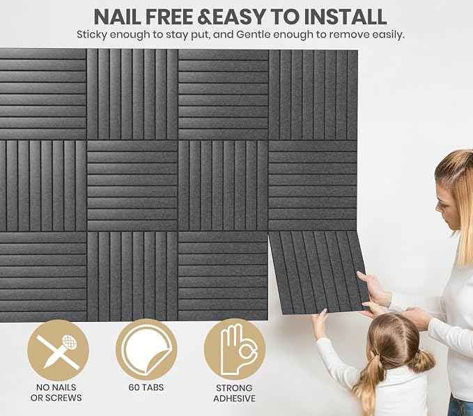 48" x 36" Large Felt Bulletin Board, Eight-Stripe Dark Gray | 12 Pack Cork Board Alternative with 30 pushpins, 60 Safe Adhesive Tabs, Pin Boards for Wall Decor, Home, Office, Classroom