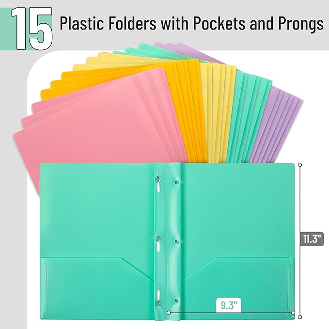 Mr. Pen- Plastic Folders with Pockets and Prongs, 15 Pack, Letter Size, Pastel Color, Flexible Plastic Folders with Prongs