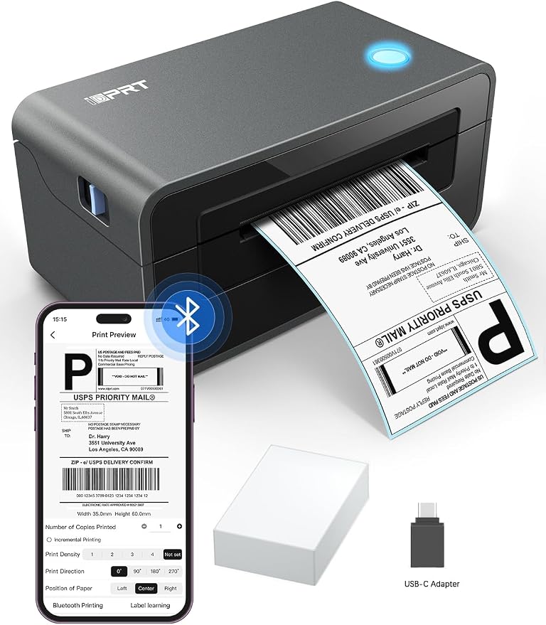 iDPRT Bluetooth Thermal Shipping Label Printer for Phone, 4x6, Supports Windows/Mac/iOS/Android, Ideal for Small Business and Shipping Packages (Renewed)