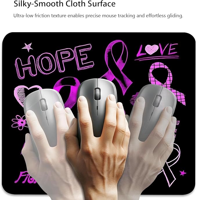 Breast Cancer Awareness Hope Love Fight Mouse Pad, Black Purple Desk Mat | Cute Mousepad Stitched, Anti-Slip Base Smooth Surface, 9.5 x 7.9 Inches