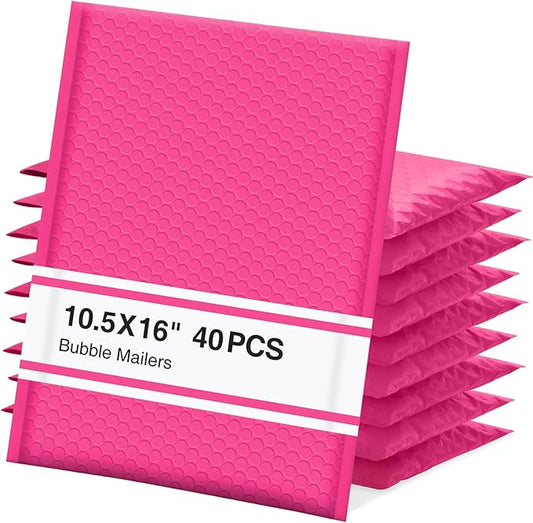 UCGOU Bubble Mailers 10.5x16 Inch 40 Pack Usable Size 10.5x15 Inch Large Padded Envelopes Hot Pink Waterproof Packaging Bag for Shipping Self Seal Strong Adhesion Envelope for Jewelry Makeup Supplies