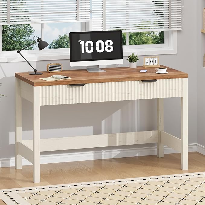 47 Inch Small Fluted Computer Desk with 2 Drawers for Bedroom, Home Office | Small Computer Desk with Storage, Compact Writing Study Desk for Small Spaces