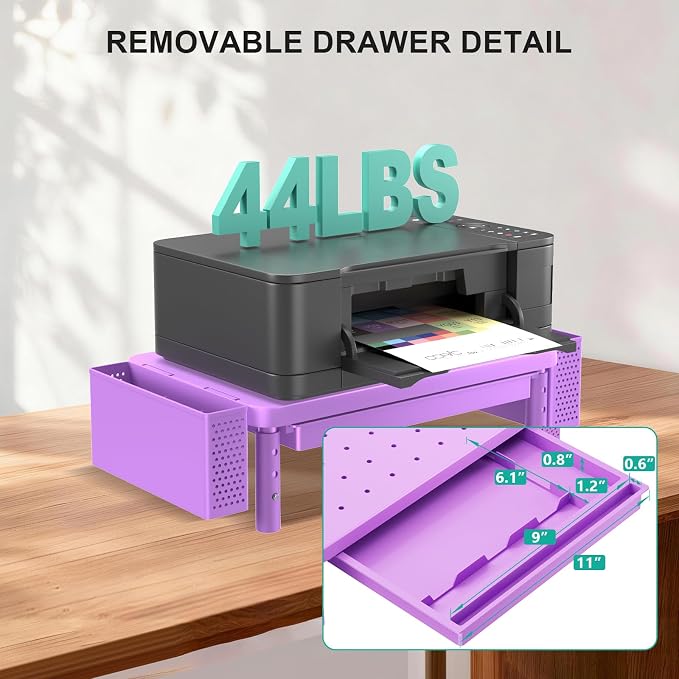 WALI Computer Monitor Stand with Storage and Pen Holder | 3 Height Adjustable Desk Organizer with Drawer, Desk Laptop Monitor Riser for Computer, Printer(PTT003-V), 1 Pack, Violet