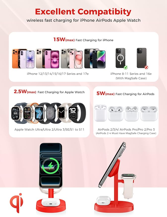 2026 3 in 1 Wireless Charging Station for Apple MagSafe Charger, 15W Fast Magnetic Mag-Safe Charger Stand for iPhone 17 16 15 14 13 12 Apple Watch AirPods Compatible with MagSafe, DeepRed