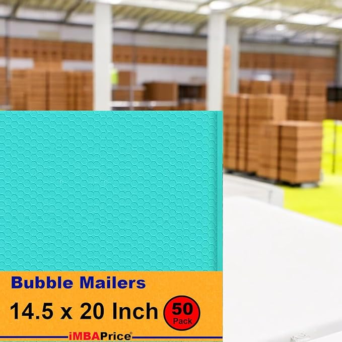 iMBAPrice 14.25x20 Inch Teal Bubble Mailers #7, 50-Pack – Jumbo Padded Poly Envelopes, Self-Seal Polybubble Shipping Bags for Large Fragile Items E-Commerce Packaging