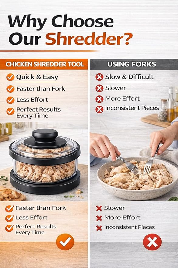 Chicken Shredder Tool, Large Meat Shredder with Handle, Easy Twist Chicken Breast Shredder, BPA Free, Fast & Effortless Shredding for Chicken, Pork & Beef, Includes Cleaning Brush & Fork