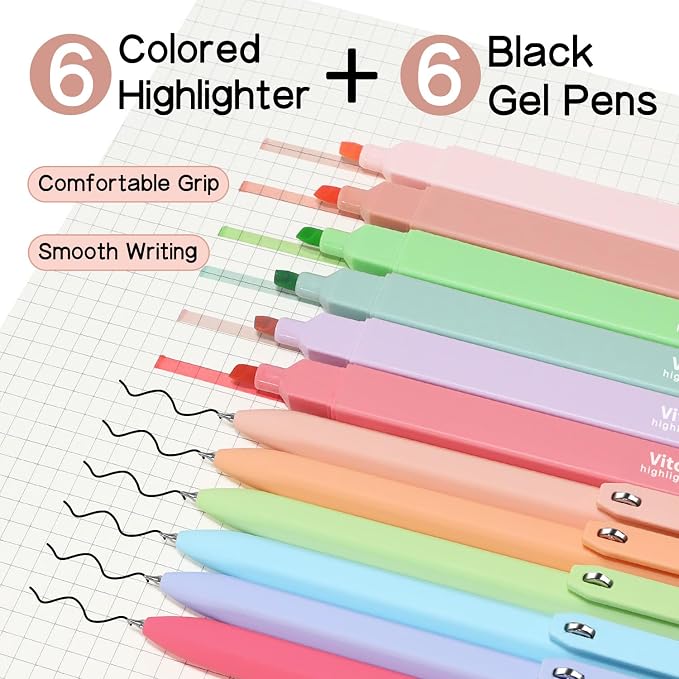 Piochoo Aesthetic Highlighters and Gel Pens,12pcs Cute Stationary Set | Assorted Colors Chisel Tip Highlighters,0.5mm Black Ink Pens for Journaling Planner Notes Back to School Supplies