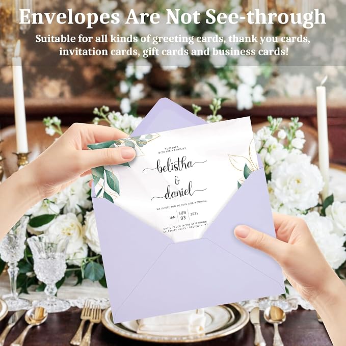 100 Pack A7 Envelopes, Light Purple Greeting Card Envelopes Self Seal, 5.24 x 7.24 in Envelopes for Birthday Graduation Baby Shower Wedding Invitation Cards