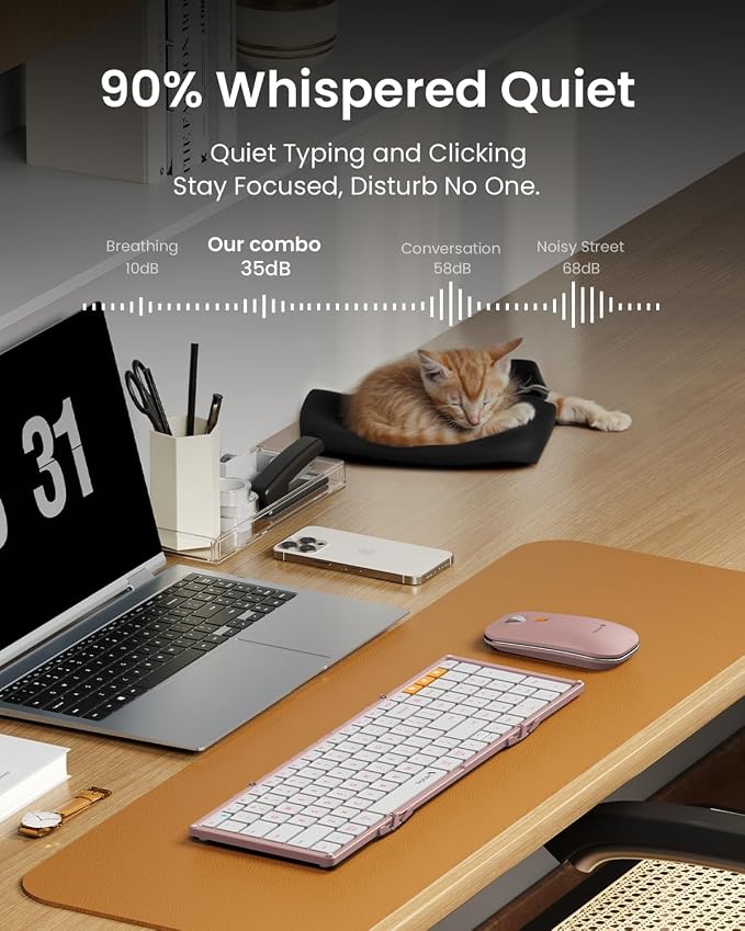 ProtoArc XKM01 Full-Size Foldable Keyboard Mouse Combo for Travel - Pink | 105-key keyboard, slim mouse, hard case and phone stand; 3-device Bluetooth & 2.4G switching, for travel office use