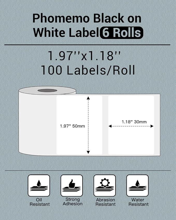 Phomemo Labels 6 Rolls,1.97"x1.18", Use for M110/M100/M220/M108, 1380 PCS | Square 50×30mm, Thermal Stickers Labels for Kids & School, Barcode, Logo, Business, Home,Organization, Peptide Vial, White