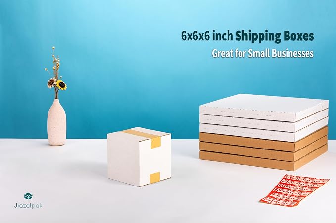 6x6x6 inch Shipping Boxes, 6x6 White Small Box, 15 Pack | 6" Box for Coffee Mugs, Crafts, Candles, Gifts, Mailing, Packaging, Storing, Corrugated Cardboard, with Fragile Stickers